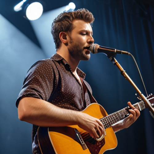 **A musician on stage, confidently performing, with a license displayed subtly in the background. Focus on professionalism and skill.**