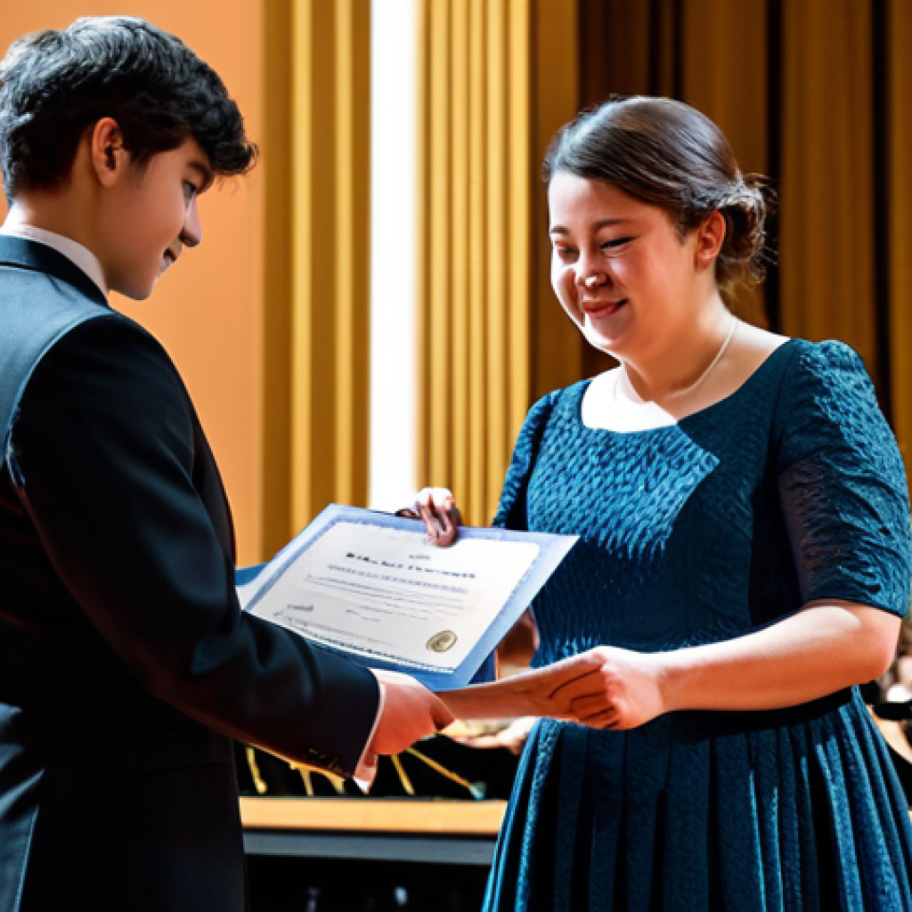 Music Certificate Award**

"A young musician, fully clothed in formal attire, receiving a music certificate on a stage during an award ceremony. Background features a concert hall with an orchestra. Safe for work, appropriate content, professional setting, perfect anatomy, correct proportions, well-formed hands, natural pose, family-friendly."

**
