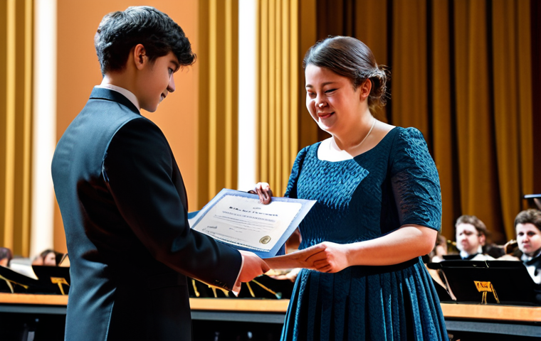 Music Certificate Award**

"A young musician, fully clothed in formal attire, receiving a music certificate on a stage during an award ceremony. Background features a concert hall with an orchestra. Safe for work, appropriate content, professional setting, perfect anatomy, correct proportions, well-formed hands, natural pose, family-friendly."

**
