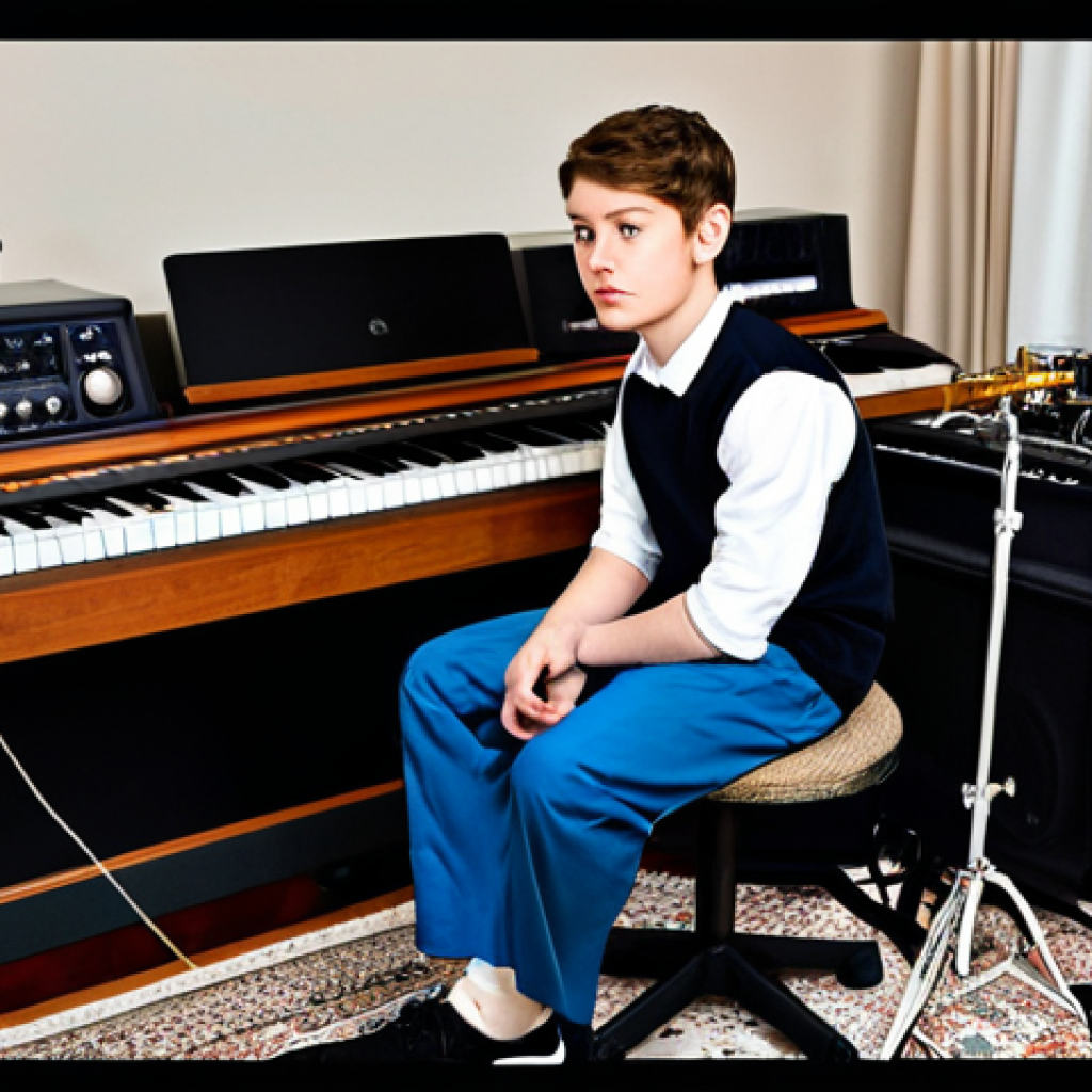 Aspiring Musician**

"A young, fully clothed musician practicing diligently in a modest home studio, surrounded by instruments, appropriate attire, safe for work, perfect anatomy, natural proportions, focused expression, professional lighting."

**