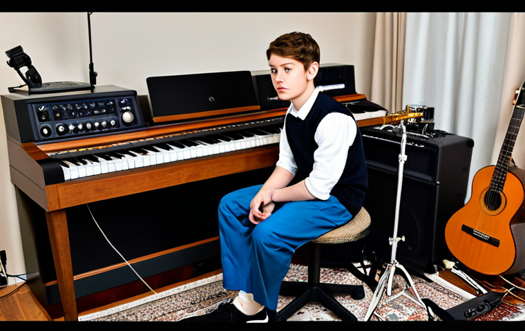 Aspiring Musician**

"A young, fully clothed musician practicing diligently in a modest home studio, surrounded by instruments, appropriate attire, safe for work, perfect anatomy, natural proportions, focused expression, professional lighting."

**