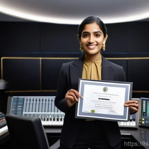 작곡가 자격증 최신 정보 - **A Certified Composer's Pride:**
    "A confident and professionally dressed female composer, in he...