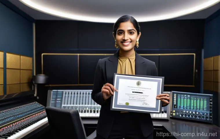 작곡가 자격증 최신 정보 - **A Certified Composer's Pride:**
    "A confident and professionally dressed female composer, in he...