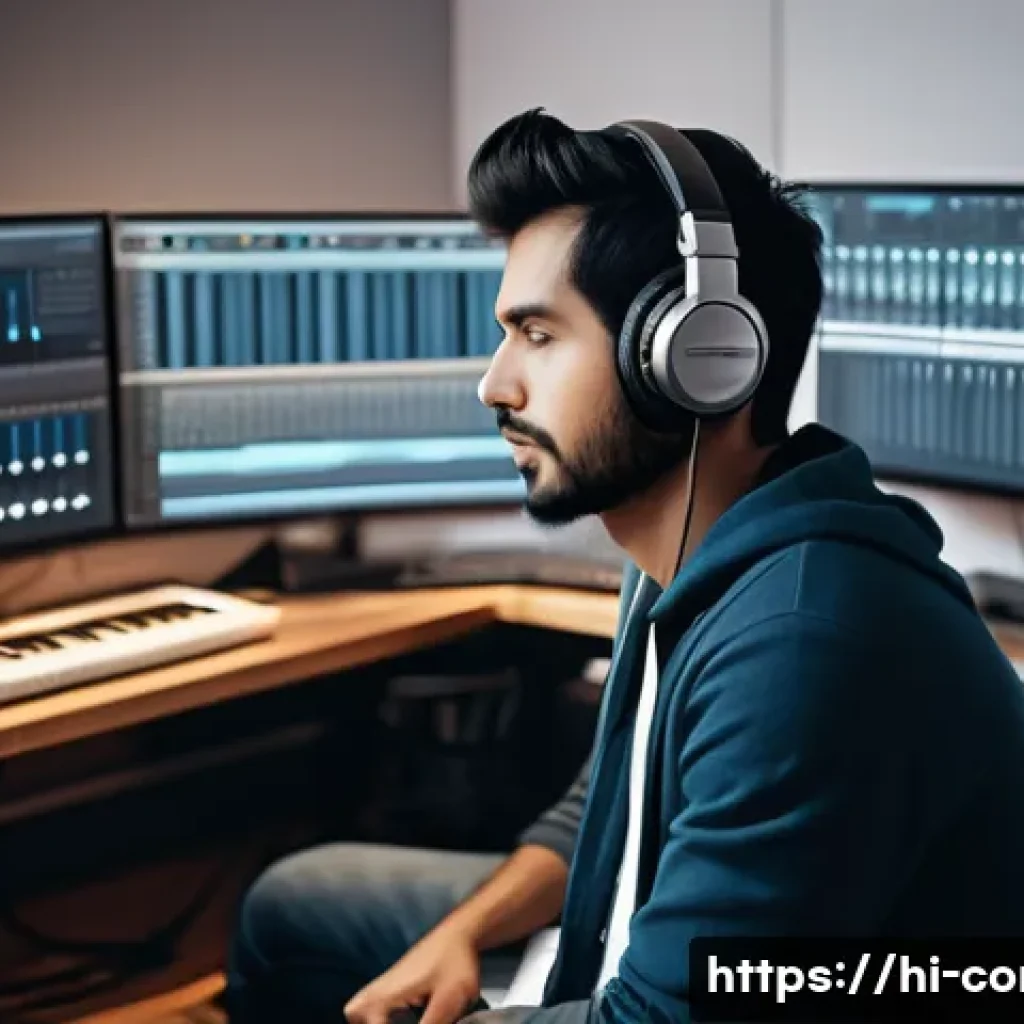 작곡가 자격증으로 창작 활동 시작하기 - A professional music composer in a modern studio environment, wearing casual smart clothing and head...