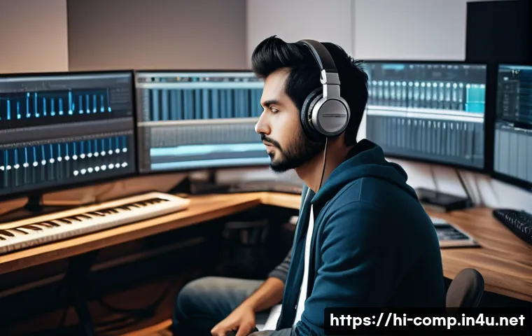 작곡가 자격증으로 창작 활동 시작하기 - A professional music composer in a modern studio environment, wearing casual smart clothing and head...