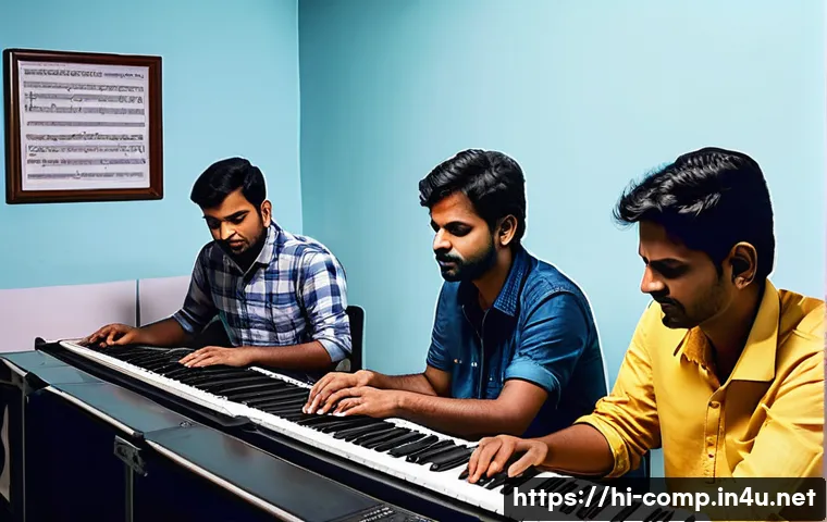 작곡가 자격증 업무일기 - A professional music composition classroom scene in India, featuring a diverse group of young adult ...