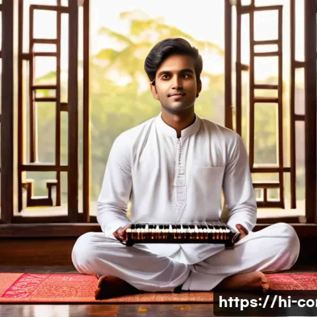 작곡가 자격증과 공연 기획 - A professional Indian classical music composition scene featuring a young male musician sitting cros...