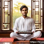 Home 22 작곡가 자격증과 공연 기획 - A professional Indian classical music composition scene featuring a young male musician sitting cros...