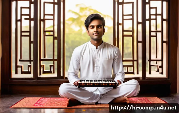작곡가 자격증과 공연 기획 - A professional Indian classical music composition scene featuring a young male musician sitting cros...