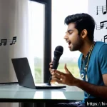 Home 21 작곡가 자격증과 라이브 공연 준비 - A confident young Indian musician practicing vocal techniques in front of a mirror at home, wearing ...