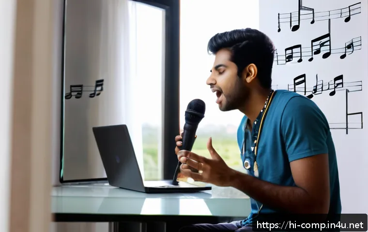 작곡가 자격증과 라이브 공연 준비 - A confident young Indian musician practicing vocal techniques in front of a mirror at home, wearing ...