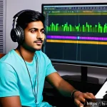 Home 20 작곡가 자격증과 MIDI 작곡 기술 - A detailed digital music production studio setup featuring a young Indian man wearing casual clothes...
