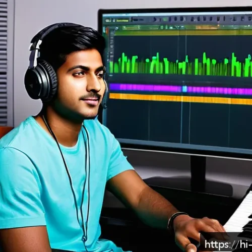 Home 32 작곡가 자격증과 MIDI 작곡 기술 - A detailed digital music production studio setup featuring a young Indian man wearing casual clothes...