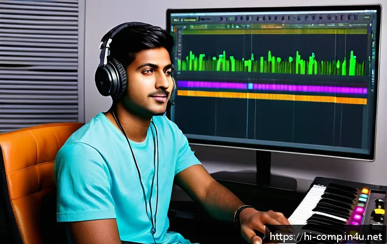 작곡가 자격증과 MIDI 작곡 기술 - A detailed digital music production studio setup featuring a young Indian man wearing casual clothes...