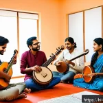 Home 19 작곡가 자격증 스터디 그룹 추천 - A diverse group of Indian music students in a cozy study room, sitting around a wooden table with mu...