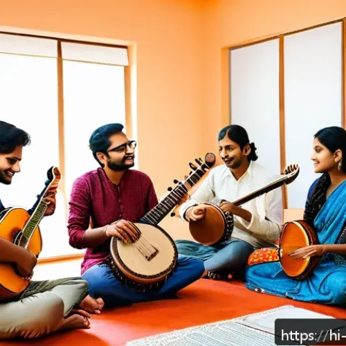 Home 31 작곡가 자격증 스터디 그룹 추천 - A diverse group of Indian music students in a cozy study room, sitting around a wooden table with mu...