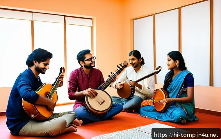 작곡가 자격증 스터디 그룹 추천 - A diverse group of Indian music students in a cozy study room, sitting around a wooden table with mu...