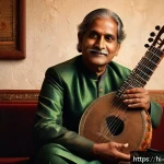 Home 18 작곡가 자격증과 유명 작곡가 인터뷰 - A confident Indian classical musician in traditional attire, sitting gracefully with a sitar in a wa...