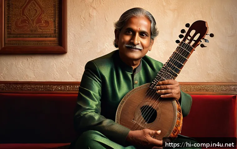 작곡가 자격증과 유명 작곡가 인터뷰 - A confident Indian classical musician in traditional attire, sitting gracefully with a sitar in a wa...
