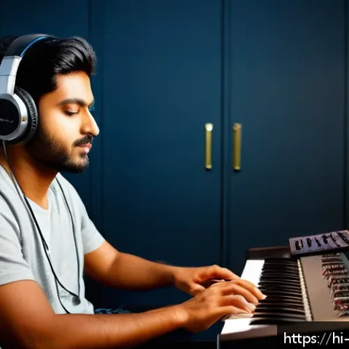 Home 17 작곡가 자격증으로 세션 연주자 겸업하기 - A dedicated Indian male musician in his late 20s, wearing casual stylish clothes and headphones, sea...