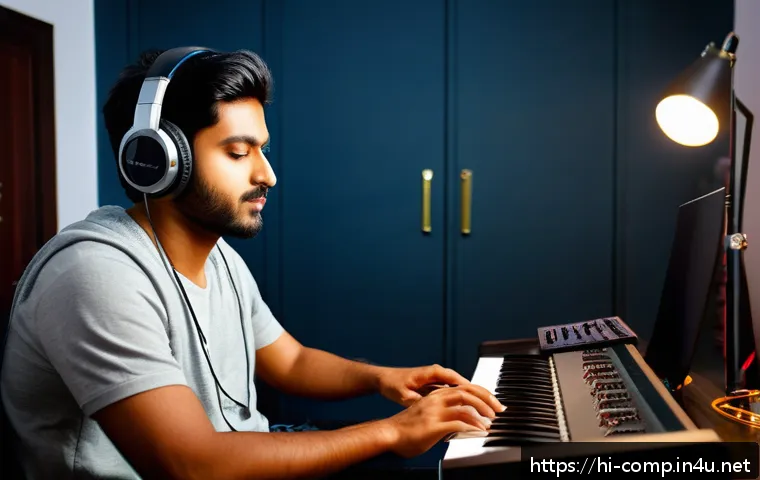 작곡가 자격증으로 세션 연주자 겸업하기 - A dedicated Indian male musician in his late 20s, wearing casual stylish clothes and headphones, sea...