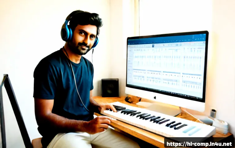 Home 17 작곡가 자격증 취득 후 프리랜서 활동 - Photorealistic Indian freelance music composer in a bright home studio, seated at a digital keyboard...